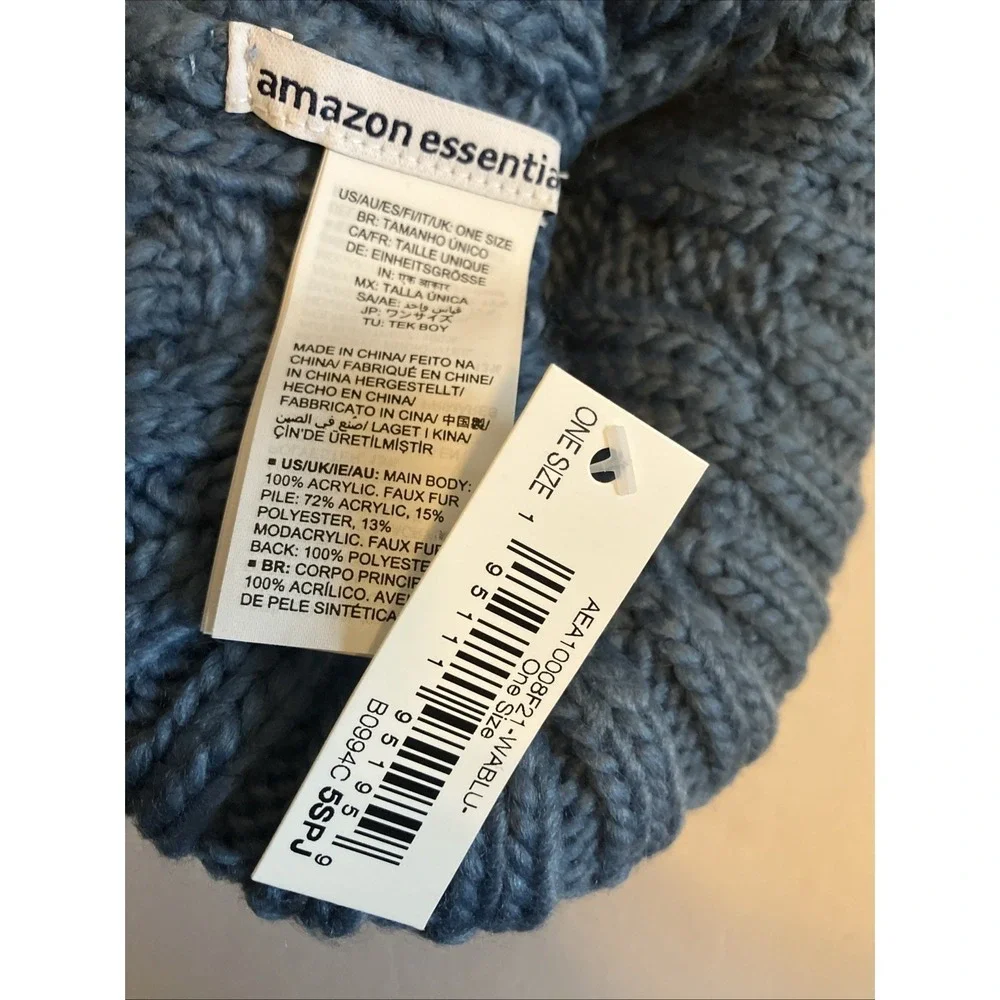 Amazon Essentials Girl Boy Blue Knitted Faux Fur Pom Pom Beanie One size C848